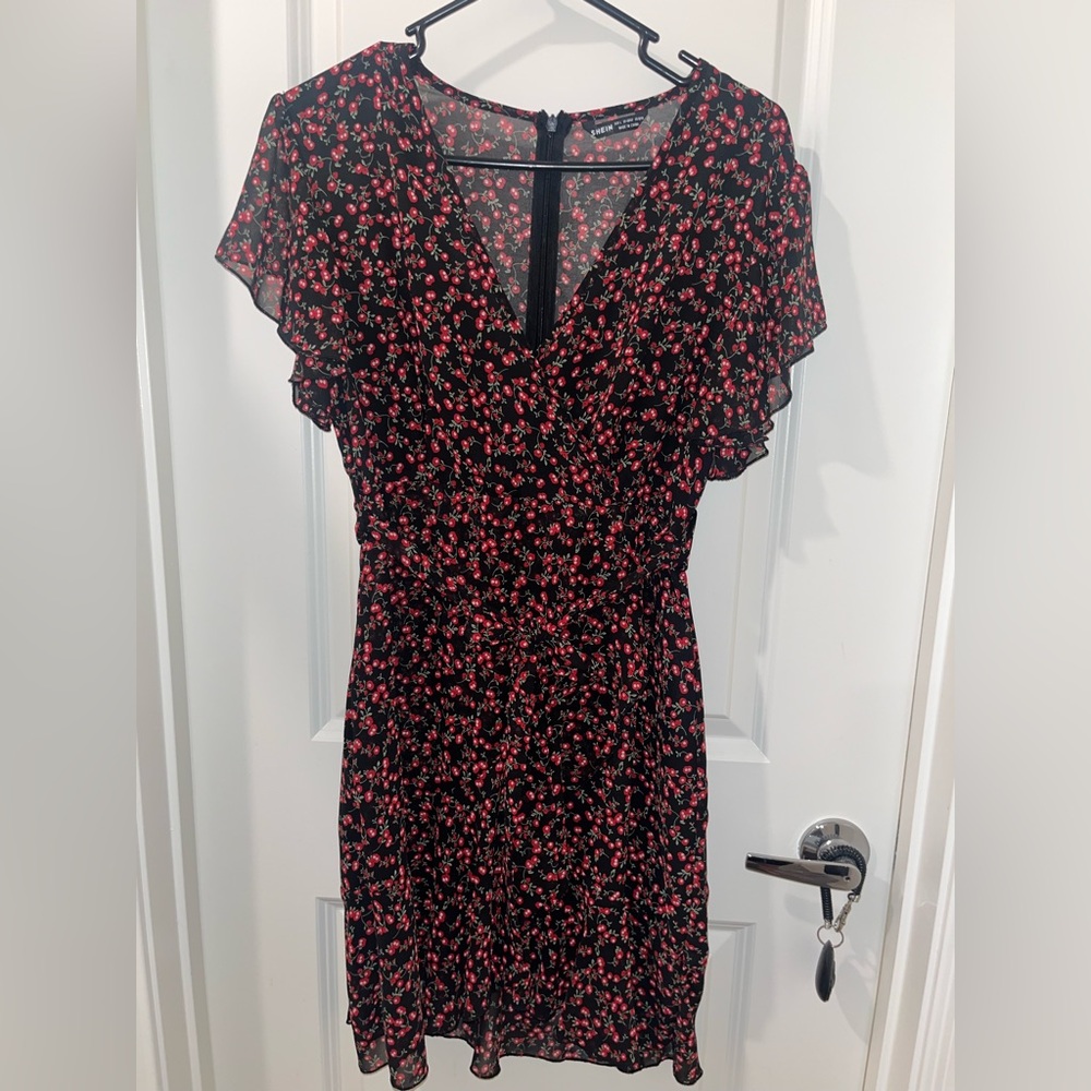 Sheer SHEIN wrap flora black mini dress